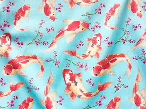 Koi Carp Fish Japanese Cherry Blossom Floral Fabric 100% Cotton Material - Picture 1 of 3