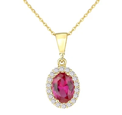 9ct Yellow Gold RUBY & CZ Oval Cluster Pendant Necklace & 18" Chain - Image 1 of 4