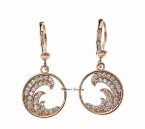 SOLID 14K ROSE GOLD HAWAIIAN OCEAN WAVE CIRCLE BLING CZ LEVERBACK EARRINGS - Picture 1 of 3
