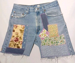 Jean Shorts Women 33 Patchwork Upcycled Levis 505 Denim Cottagecore Hippie Rose - Picture 1 of 22
