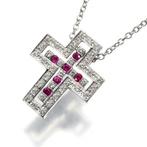 Auth DAMIANI Necklace Belle Epoque Diamond Ruby Cross XXS 18K 750 White Gold - Picture 1 of 5