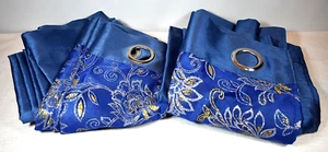 "Belle Maison" Curtains Blue w/Floral Gold-Glitter Accent, 56" x 84" Stylemaster - Picture 1 of 11