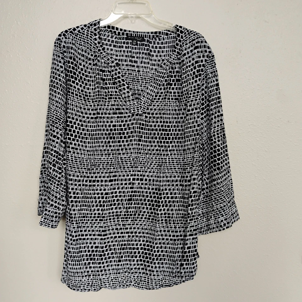 Blusa Willi Smith Negra/Blanca 3/4 Slv Pullover Rayón Top ~ Talla Grande 2X Foto 1 de 4