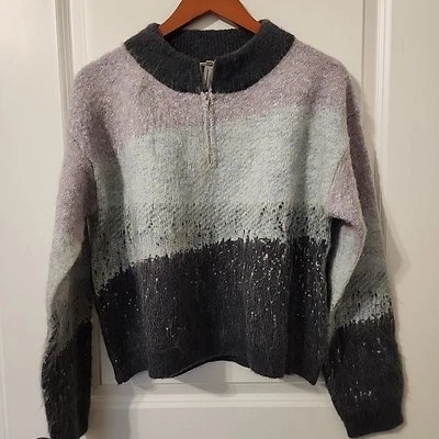 Mystree Winter Skies Wool Fur Sweater Size M Quarter Zip Mock Neck Multi Striped - Image 1 of 4