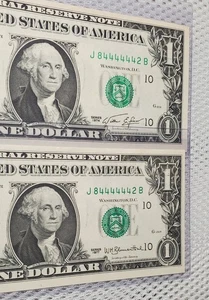 *Matching Near Solid Fancy Serial Numbers J84444442B* 1974 1977 $1 FRN  AU++/UNC - Picture 1 of 10