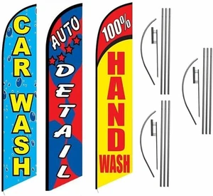 Car Wash Auto Detail 100% Hand Wash Package of 3 Advertising Feather Banner... - Picture 1 of 3