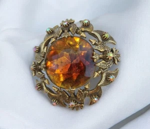 Florenza Spilla Cognac Vetro Sfaccettato AB Pietre Stemma Ciondolo Vintage Collezione - Foto 1 di 22
