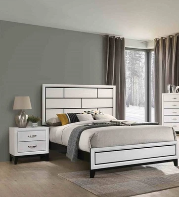 Queen Size 3pc Panel Bed 2x Nightstand Set Wooden Legs Two Tone Design White - Image 1 of 4