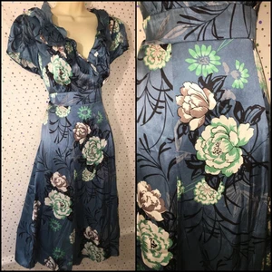 MONSOON Geisha Blue Floral Silk Fit Flare Oriental Dress Size 18 20 - Picture 1 of 3