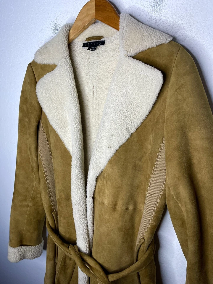 $1998 Theory Small Shearling Jacket Belt Wrap Western Leather Ranch Coat Fur VTG - Image 1 of 4