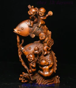 Chinese Folk Boxwood Wood Carving Wealth Coin Lotus TongZi Boy Ride Fish Statue - Picture 1 of 12