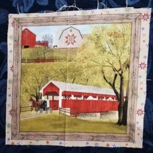 Fabric Picture Panel Amish Homestead Farm Barn Quilt Rural 28 x 28cm - Picture 1 of 1