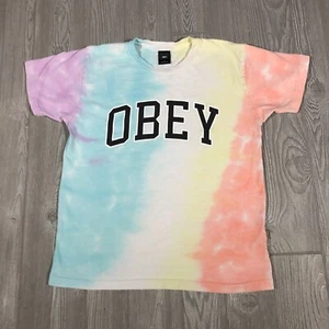 Obey Shirt Mens L Blue Pink Tie Dye Short Sleeve Spell Out Skater Casual 2738 - Picture 1 of 9