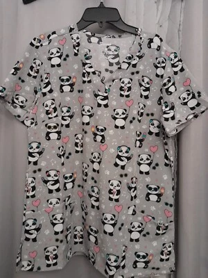 Panda Hearts Grey Scrub Top Sz Medium - Image 1 of 4