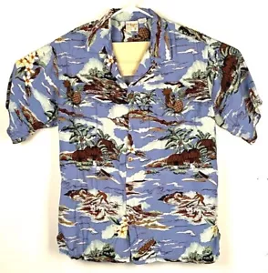 Vtg GO BAREFOOT Hawaiian Shirt-Sz. M-Blue-Ocean Island Pineapple-Rayon - Picture 1 of 4