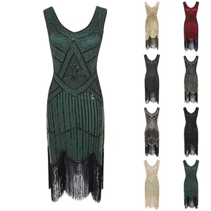Women 1920s Retro Vintage Fringed Gatsby Sequin Beaded Tassels Hem Flapper Dress - Picture 1 of 18