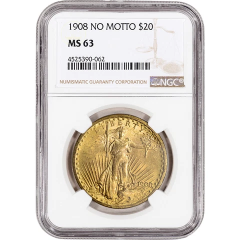 US Gold $20 Saint-Gaudens Double Eagle - NGC MS63 - 1908 No Motto Cover