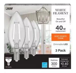 (3-Pk) Feit Electric Candelabra Dimmable Filament LED Light Bulb B10 E12 40W - Picture 1 of 13