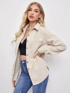 SHEIN Pinky Beige Corded Button Oversized Shirt Blouse With Pocket Size Small - Picture 1 of 9