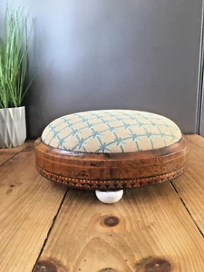 ANTIQUE INLAID DIAMOND TAPESTRY LOW FOOT STOOL POUFFE OLD ENGLISH COUNTRY HOUSE - Picture 1 of 14