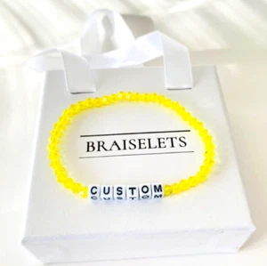 Custom Name Bracelet 4mm Neon Yellow Bead White Letters Word Jewelry Gift Women - Picture 1 of 7