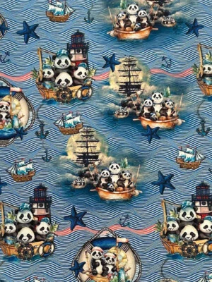 Jersey Stoff Kinderstoff Digitaldruck Panda im Schiff - Bild 1 von 3