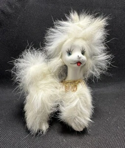 Vintage C-7291 White Fur Hair Poodle Dog Puppy Blue Eyes 4.25" Tall MCM - Picture 1 of 6
