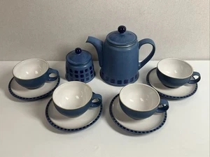 Denby Reflex Blue Tea Set 10 Pieces Teapot, Covered Sugar, Cups, Saucers - Picture 1 of 13