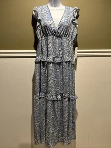 emma and michele dress Slip Maxi Dress Blue Floral Ruffled V Neck Sz M NEW - Picture 1 of 11