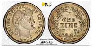 1907 D Barber Dime 10c PCGS nucleo viola AU55 - Foto 1 di 4