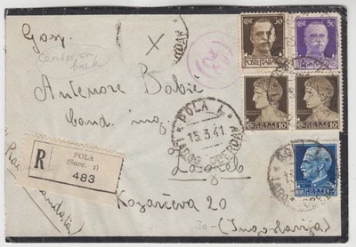 ITALIA 1941 multi franqueo censor reg cubierta *POLA-ZAGREB YUGOSLAVIA* sello faltante Foto 1 de 4