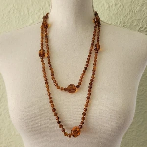 Vintage Art Deco Glass Amber Bead Long Necklace 56" Claspless  - Picture 1 of 8