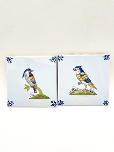 Polychrome Bird Tiles, Delft Holland, 5 in. - 2 Tiles - Picture 1 of 5