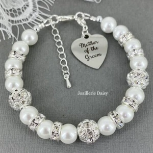 Hecho a mano Madre del Novio Dije Corazón Pulsera Perla Blanca Boda Novia Regalo - Imagen 1 de 6