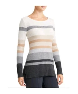 ATHLETA 100% CASHMERE MEDIUM MD STRIPED GRAY CREAM CABIN SWEATER TOP LONG SLEEVE - Picture 1 of 10