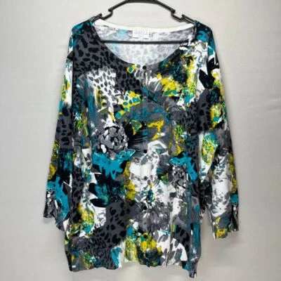 Joseph A 3X Abstract Artsy Animal Print Turquoise Long Sleeve Soft Knit Top - Image 1 of 4