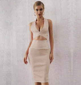 NEW! CO-ORD BANDAGE BEIGE HALTER CROP TOP & SKIRT SET OPEN BACK TAN KNEE LENGTH - Picture 1 of 7