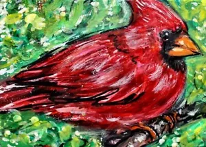 ORIGINAL ACEO VOGEL Gemälde Männchen Nordkardinal Frühling Natur Vogel ATC KUNST - Bild 1 von 1