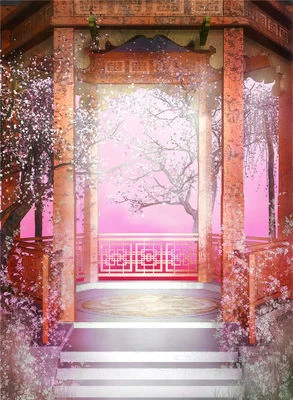 Pink Pavilion Peach Blossom Backdrop Chinese Style Photography Props Polyester - Image 1 of 4