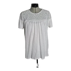 George Damen Weiß Ösen Spitze Bluse Kurzarm Oberteil Boho Gr. 20 - Bild 1 von 11