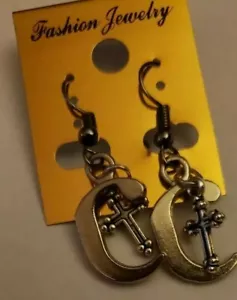 Beautiful Handmade Silver Colored C- Shaped Cross Fashion Earrings - Picture 1 of 5