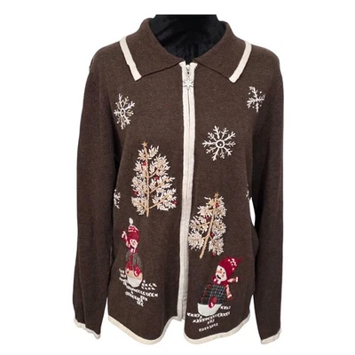 Cárdigan de Nieve Hampshire Studio Cremallera Vacaciones Navidad Muñeco de Nieve Árbol M Años 90 Foto 1 de 4