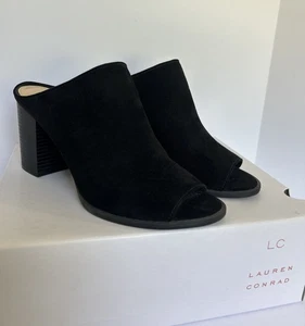 Damen-Pantoletten LC Lauren Conrad schwarz Krepp Größe 8,5 offene Zehenpartie offener Absatz neu mit Karton - Bild 1 von 19