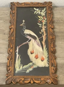 Quadro vintage in vetro rovesciato pavone bianco con piume vere con cornice in legno - Foto 1 di 10