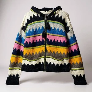 Womens Colorful Knit Aztec Zip Up Size L Hoodie Cardigan Sweater - Picture 1 of 11