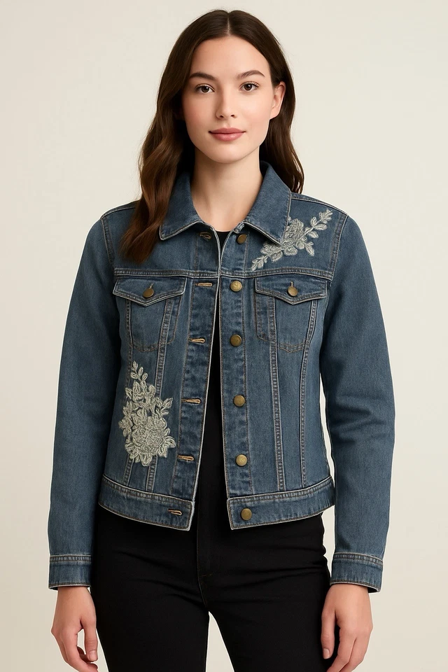 Blassport 女式刺绣牛仔夹克蓝色花卉 S 码 — 第 1/4 张图片
