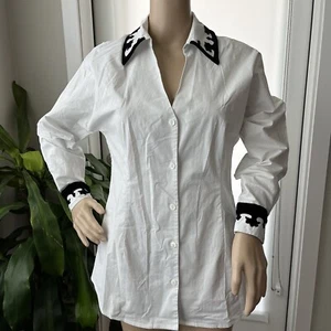 Y2K Soft Surroundings Black Noir White Button Top Damen S Samtbesatz Büro - Bild 1 von 15