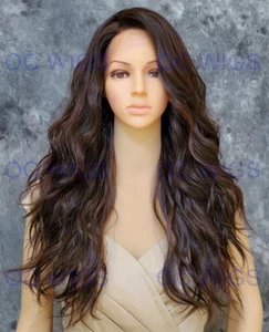 Long Soft Wavy Curls Lace Front Human Hair Blend Wig Dark Brown/Auburn EVFO 4/30 - Picture 1 of 7