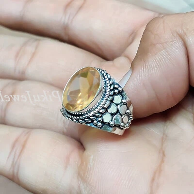 Кольцо из стерлингового серебра 925 пробы с желтым драгоценным камнем цитрином овальной огранки ювелирные изделия для мужчин ручной работы - Изображение 1 из 4