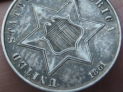 Серебряная отделка 1861 три 3 цента тип 3, детализация AU - Изображение 1 из 4